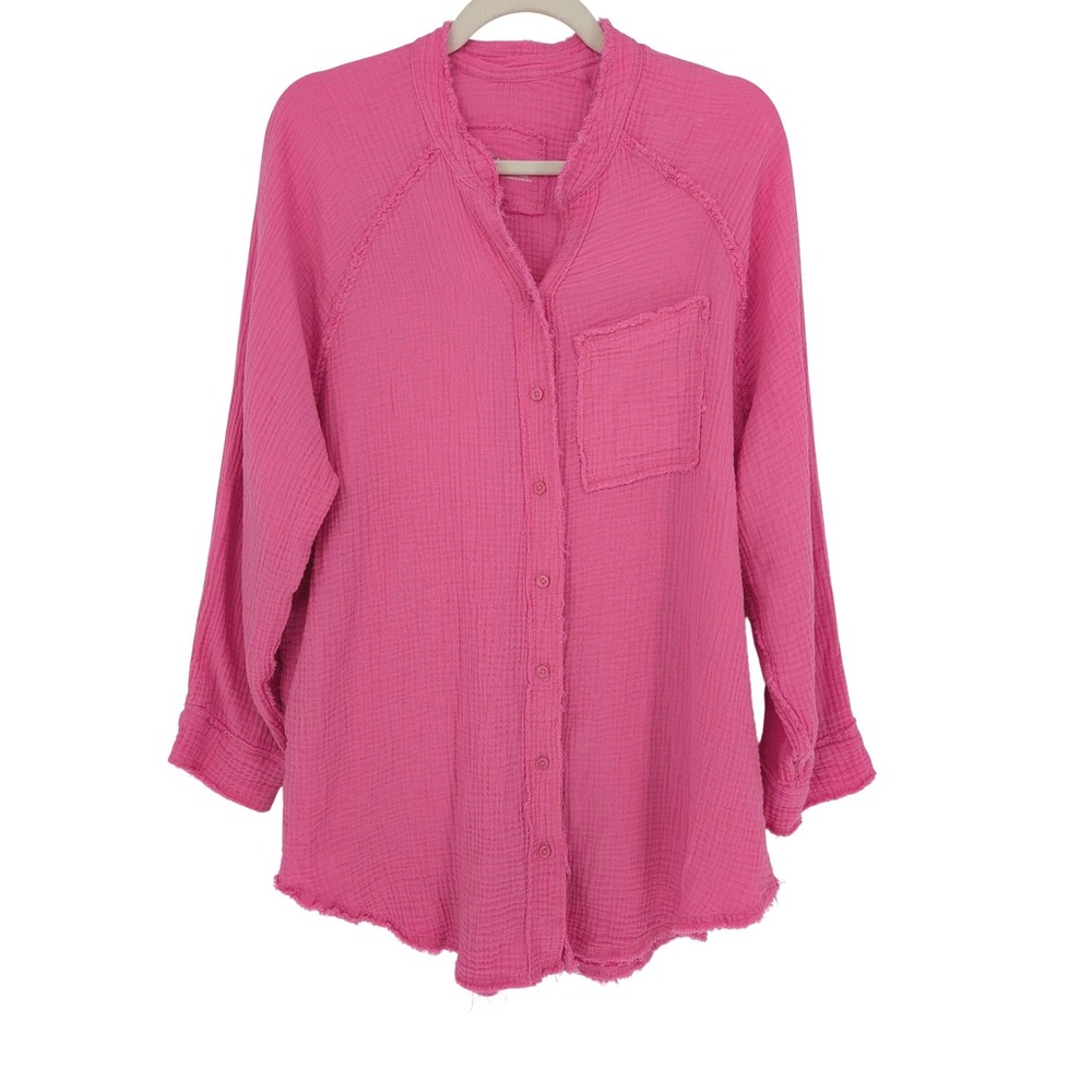 Aerie Pool to Party Cotton Gauze Button Down Shirt XS Pink Raw Hem Coastal Boho